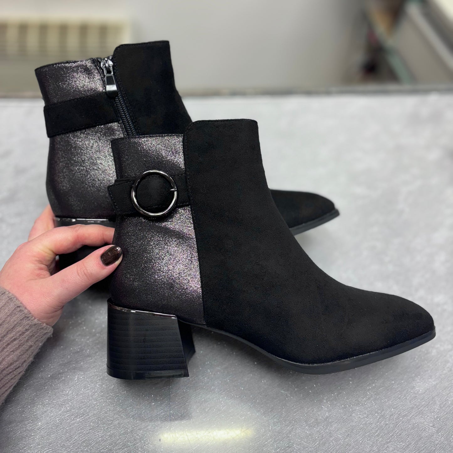 Shimmer Black Block Heel Ankle Boots