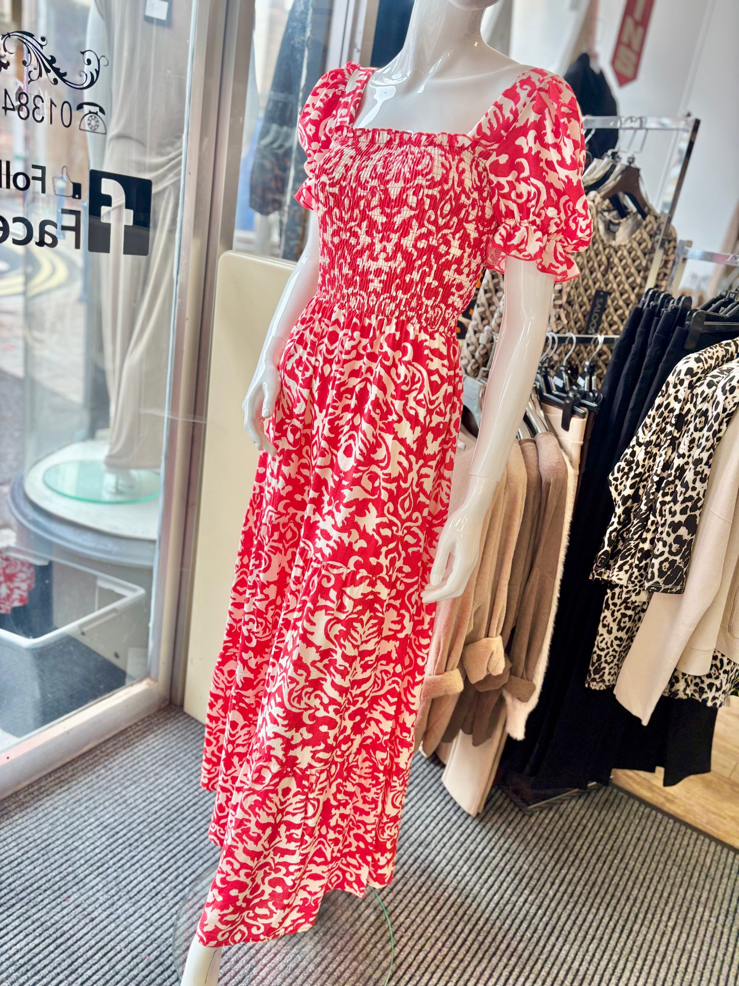 Damask Print Puff Sleeve Dress