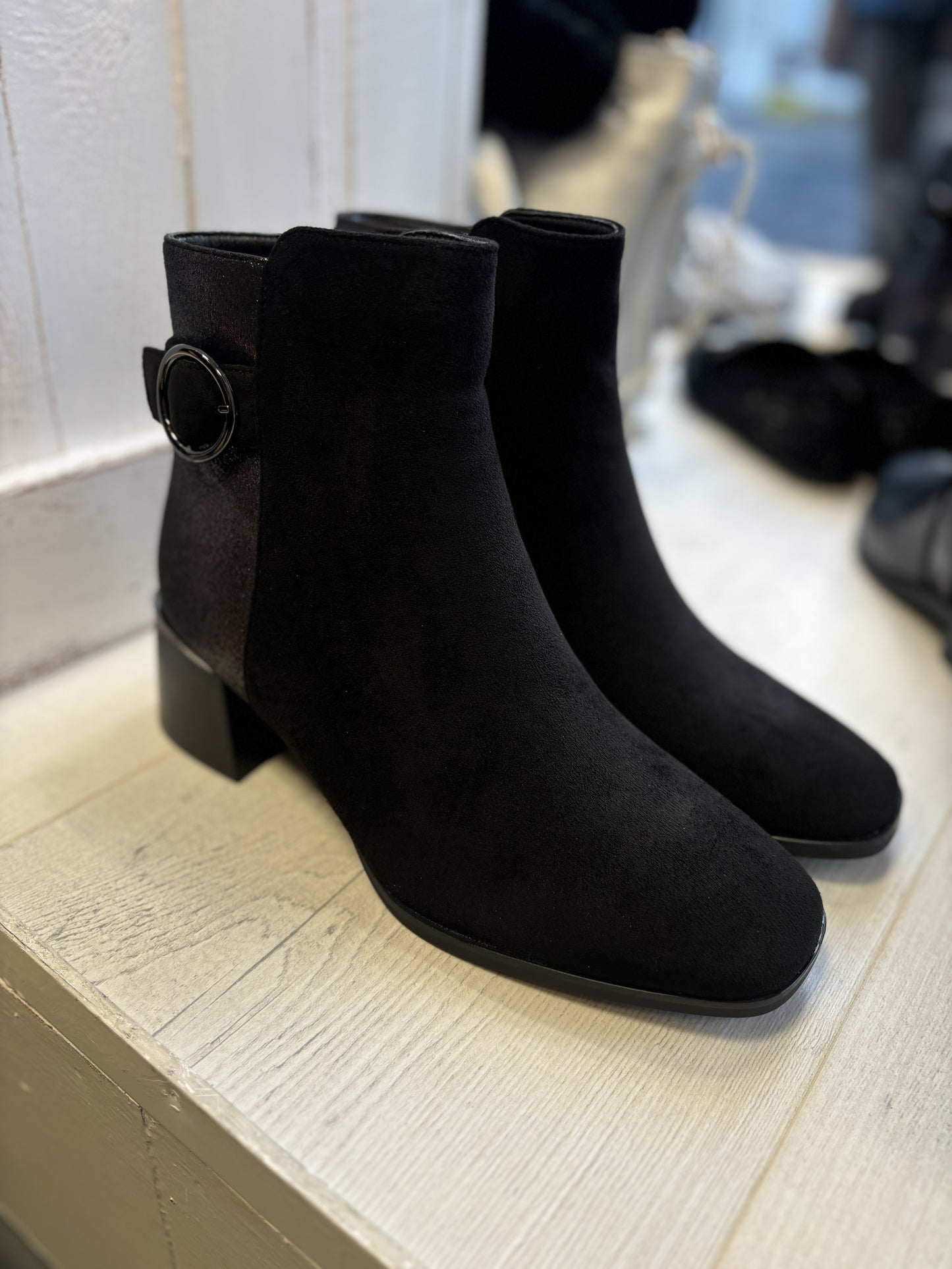 Shimmer Black Block Heel Ankle Boots