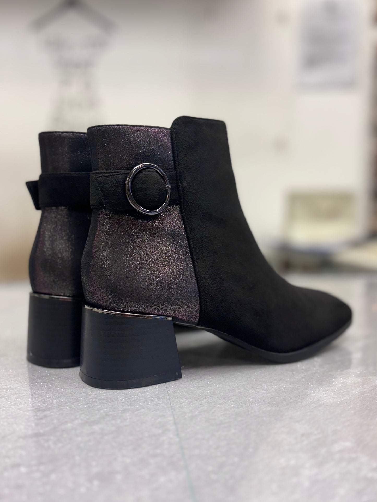 Shimmer Black Block Heel Ankle Boots