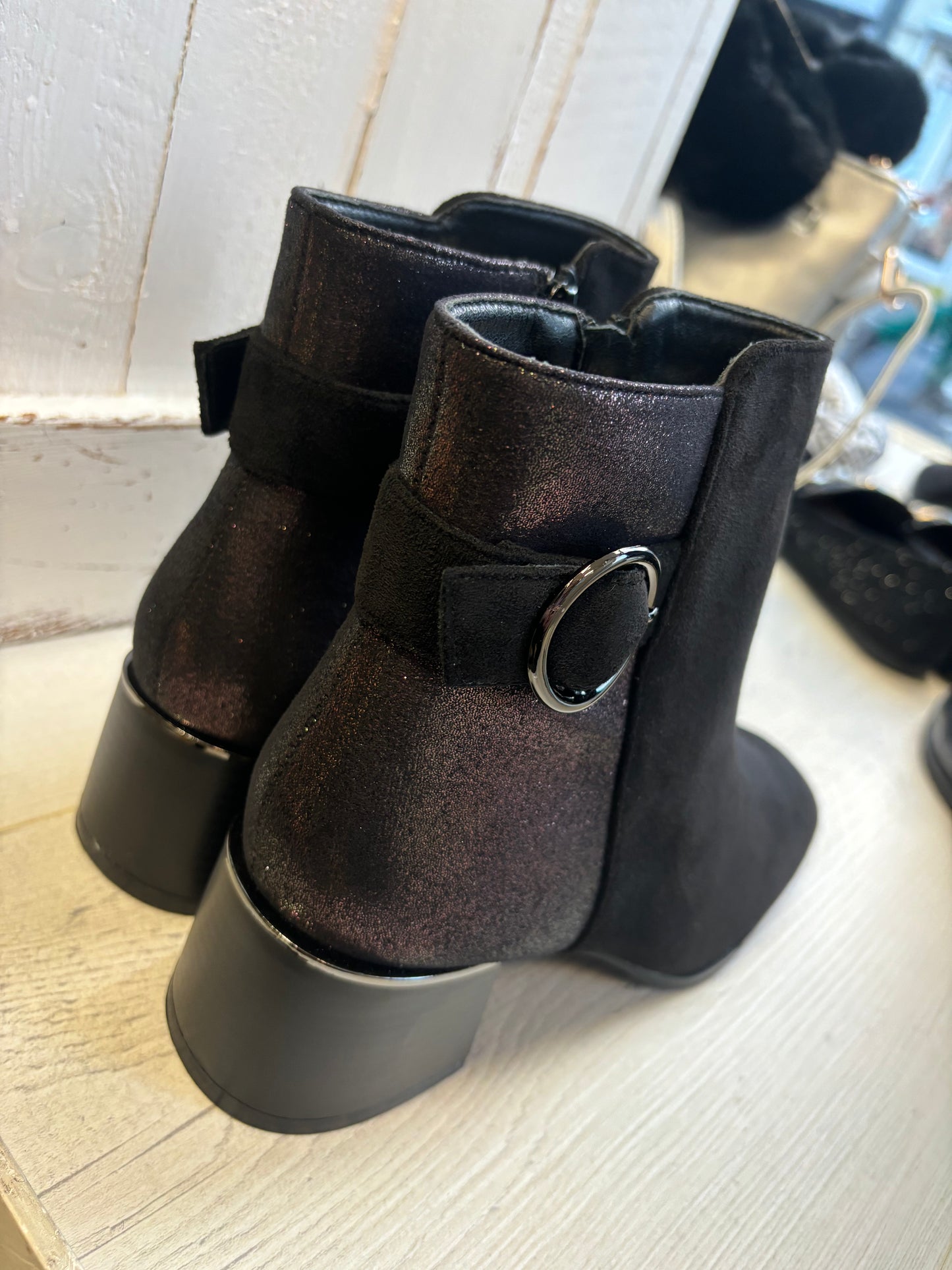 Shimmer Black Block Heel Ankle Boots