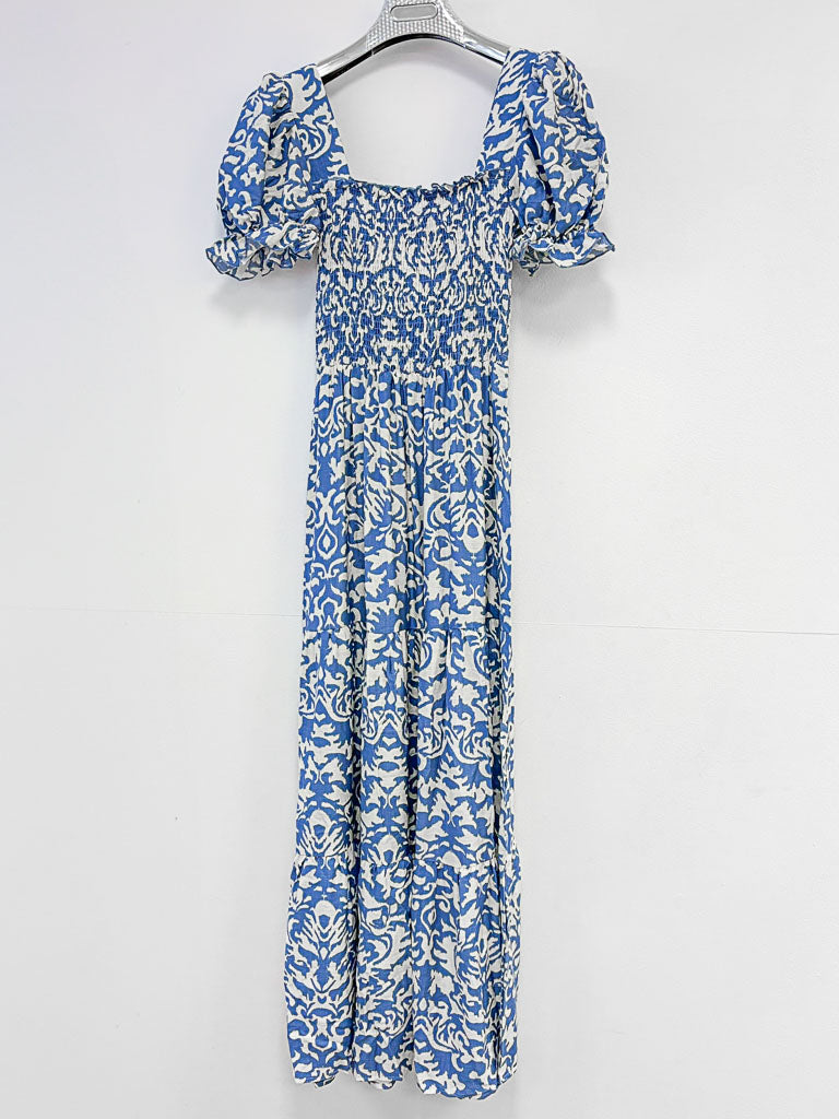 Damask Print Puff Sleeve Dress