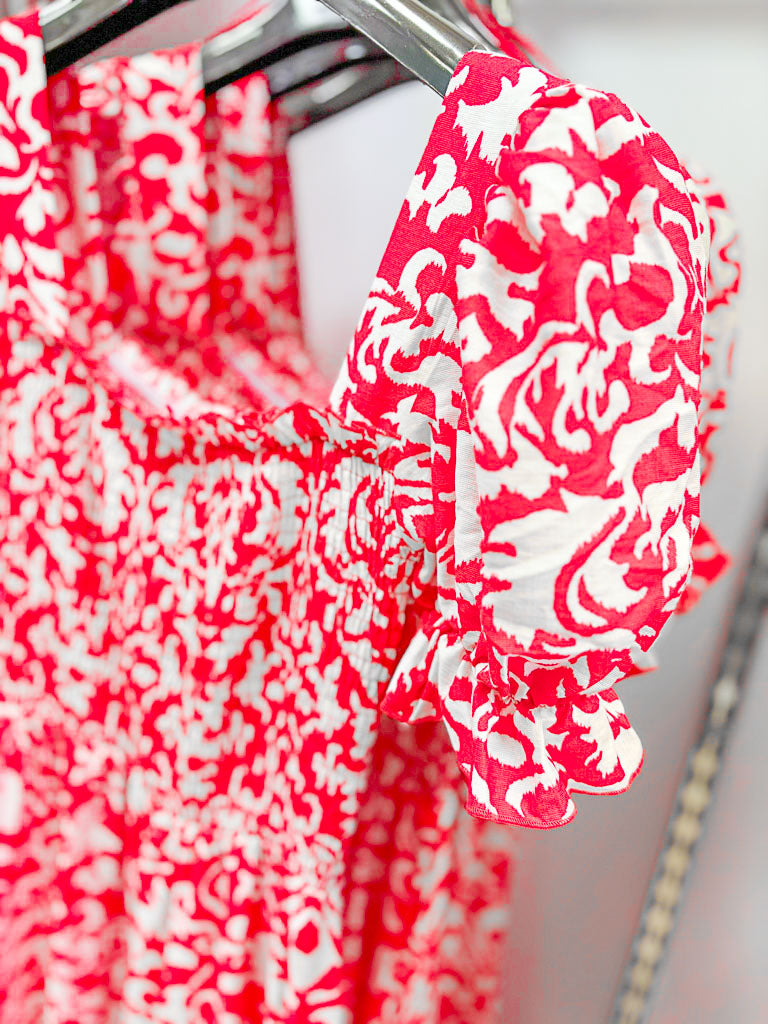 Damask Print Puff Sleeve Dress
