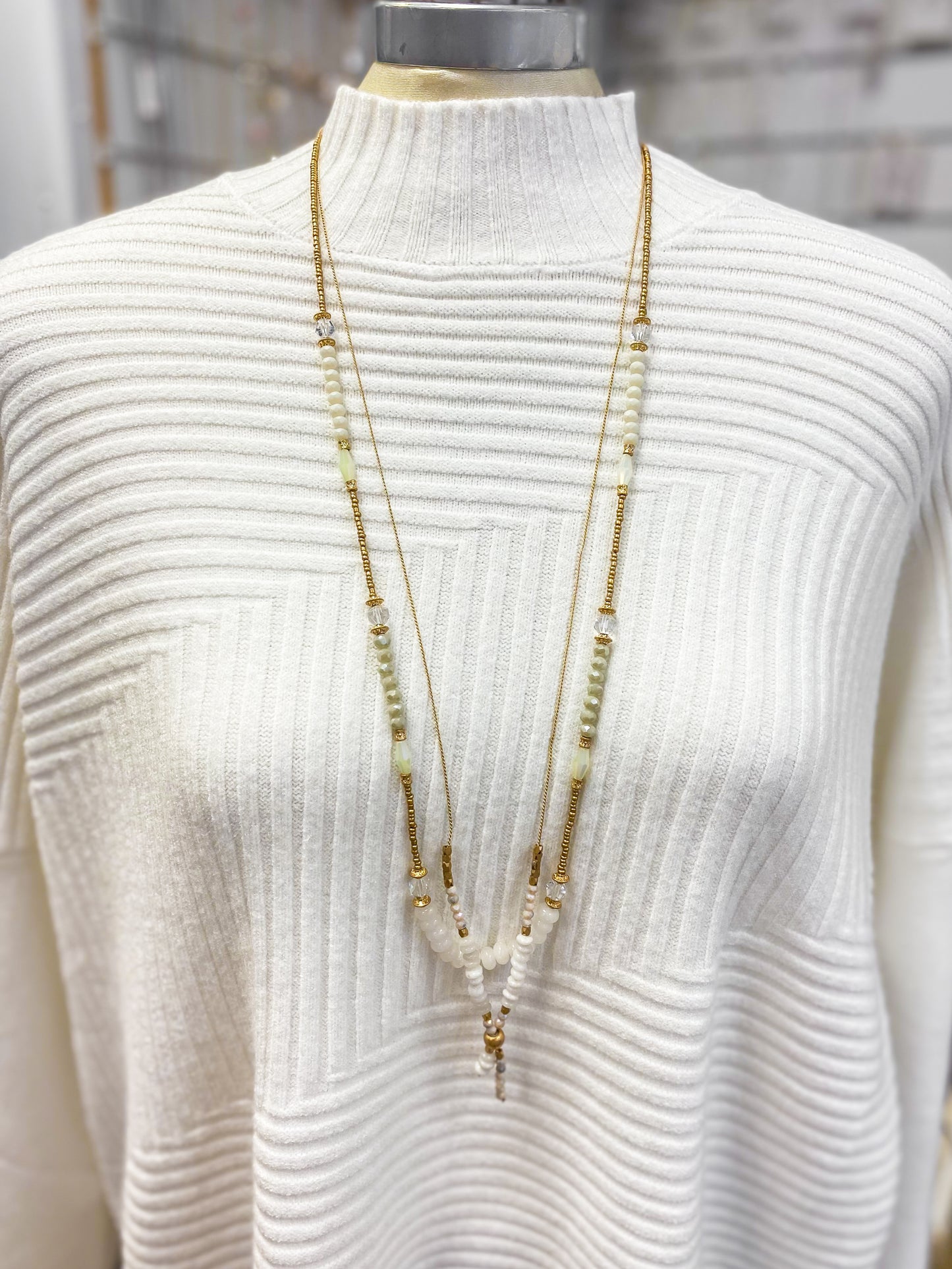Envy Long Gold & White Beaded Necklace