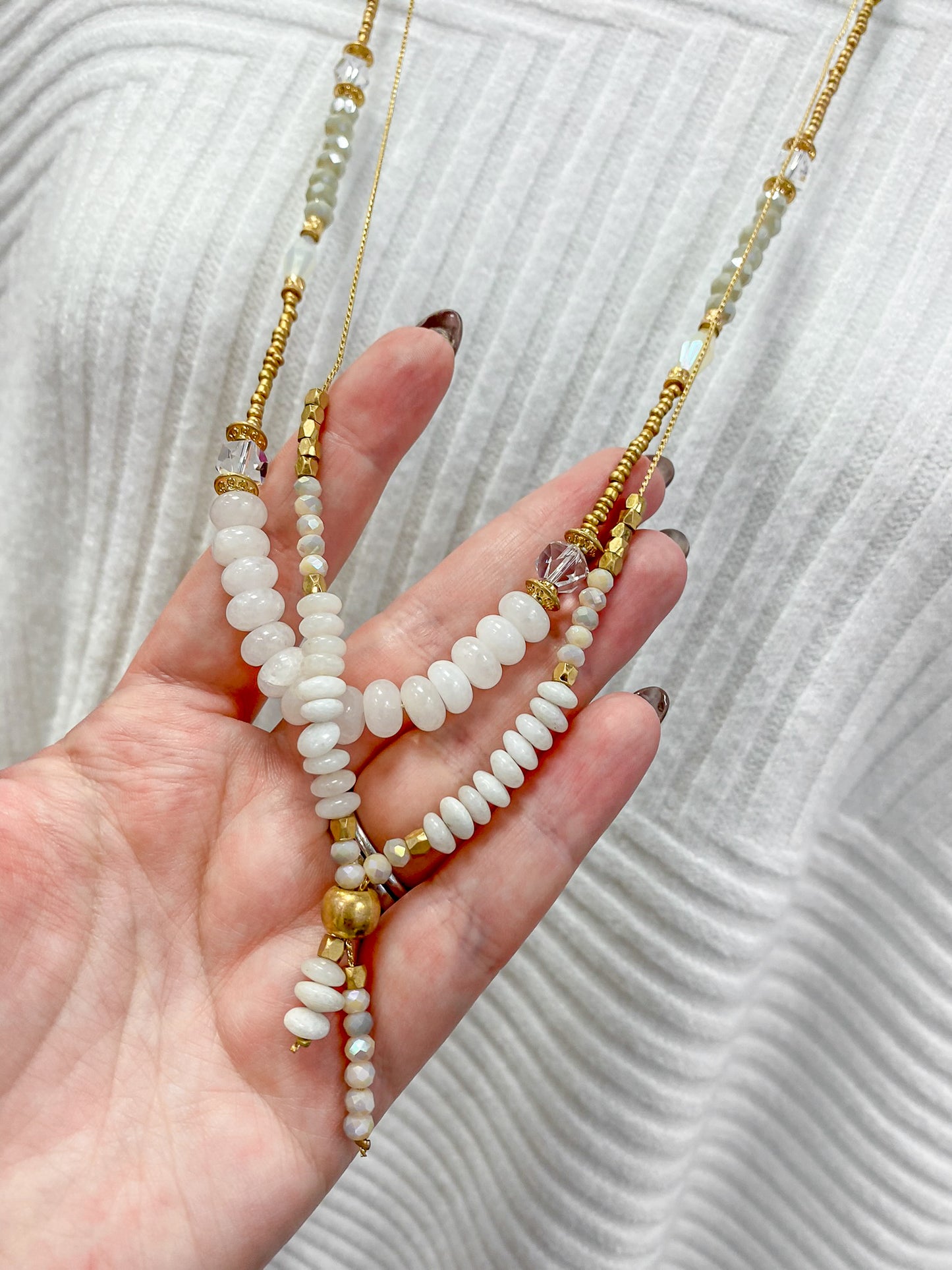 Envy Long Gold & White Beaded Necklace