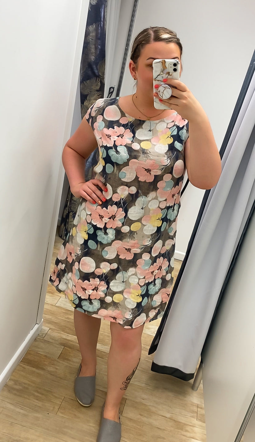 Floral Print Cap Sleeve Shift Linen Dress - CMD Womenswear -
