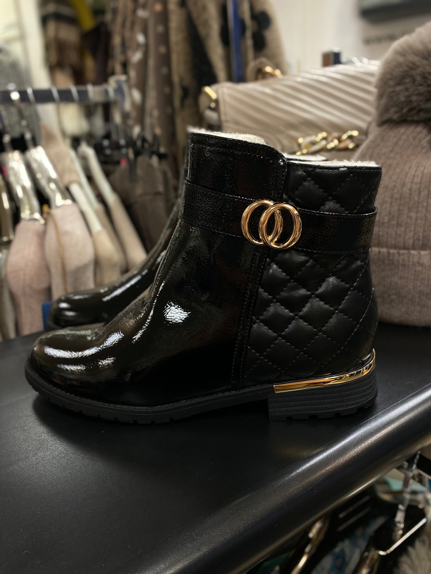 Patent Black Quilted Ankle Boots