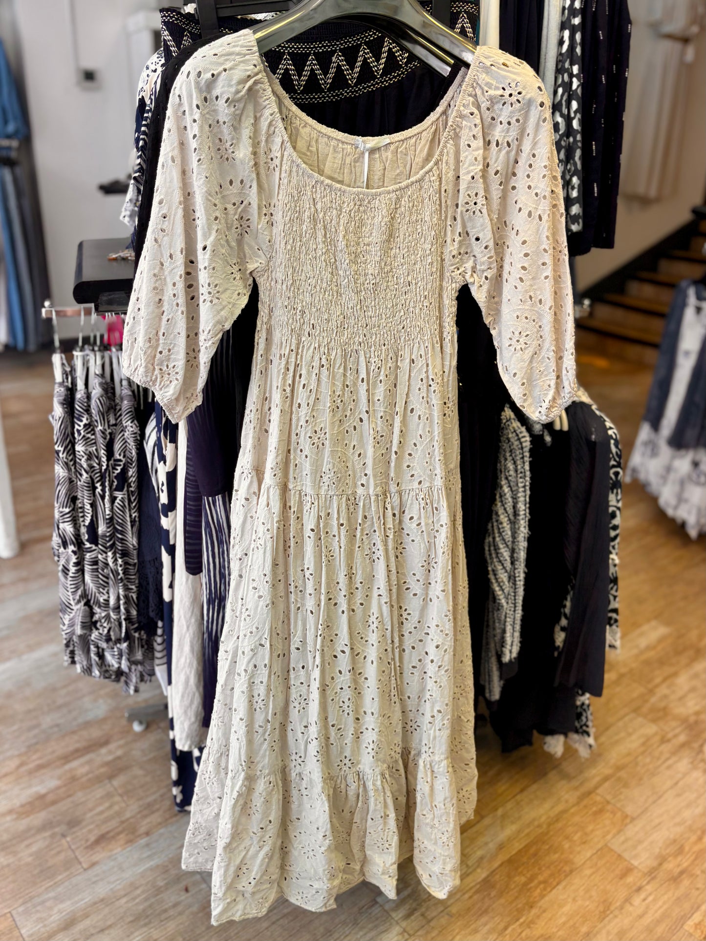 100% Cotton Shirred Broderie Maxi Dress