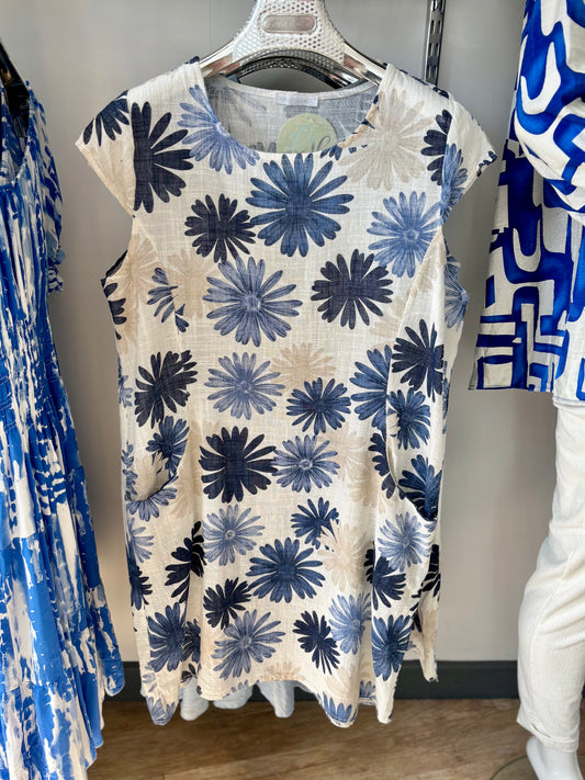 Printed Cap Sleeve Shift Linen Feel Dress