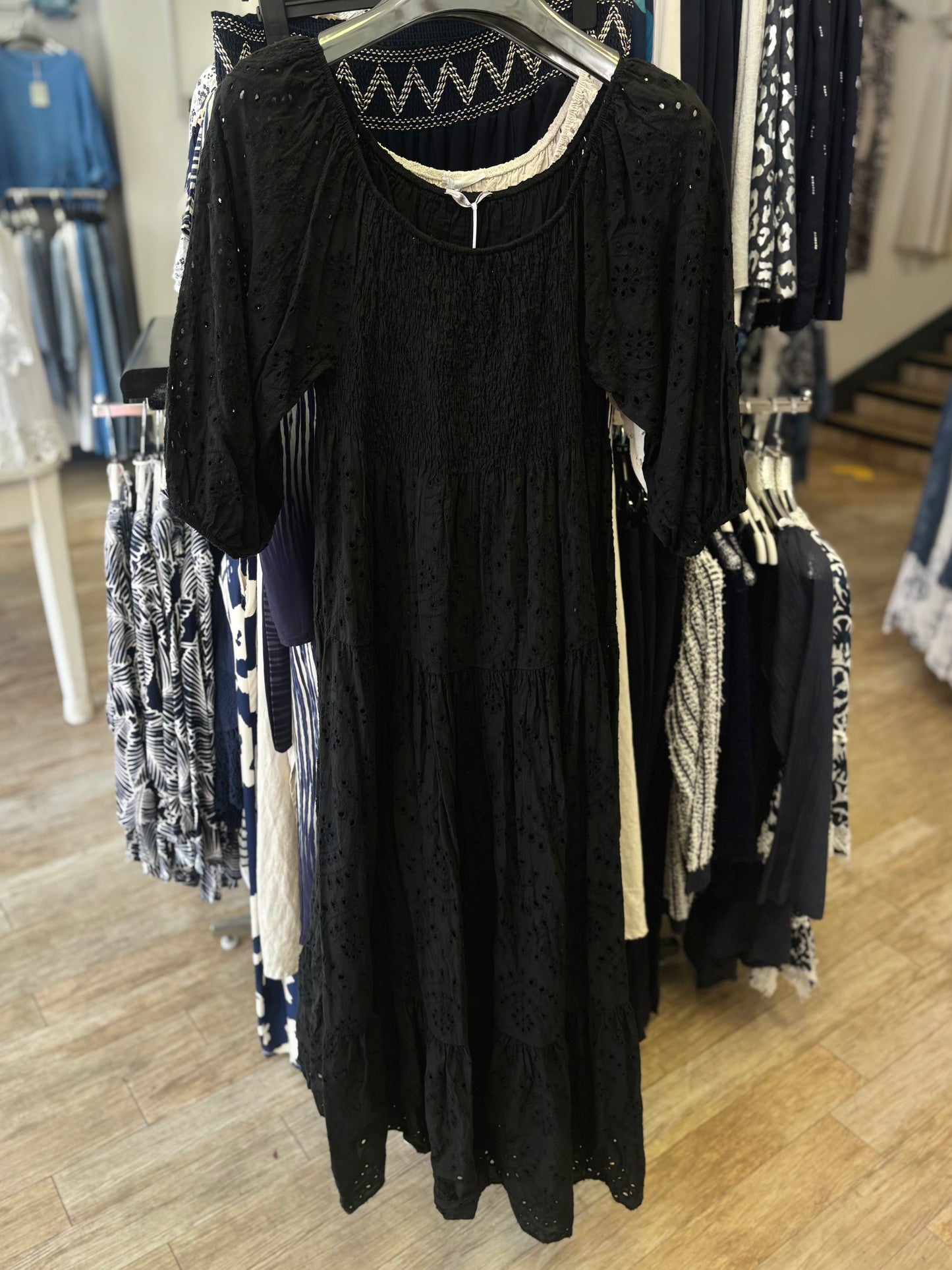 100% Cotton Shirred Broderie Maxi Dress