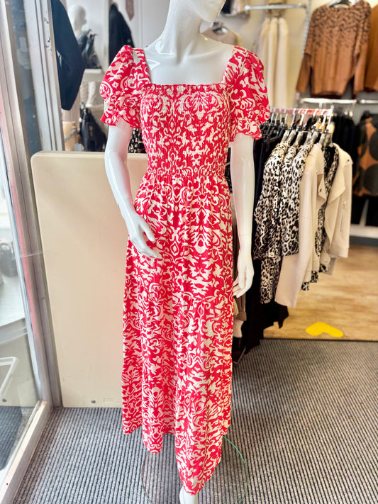 Damask Print Puff Sleeve Dress