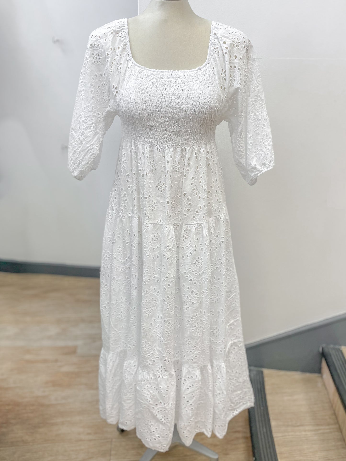 100% Cotton Shirred Broderie Maxi Dress