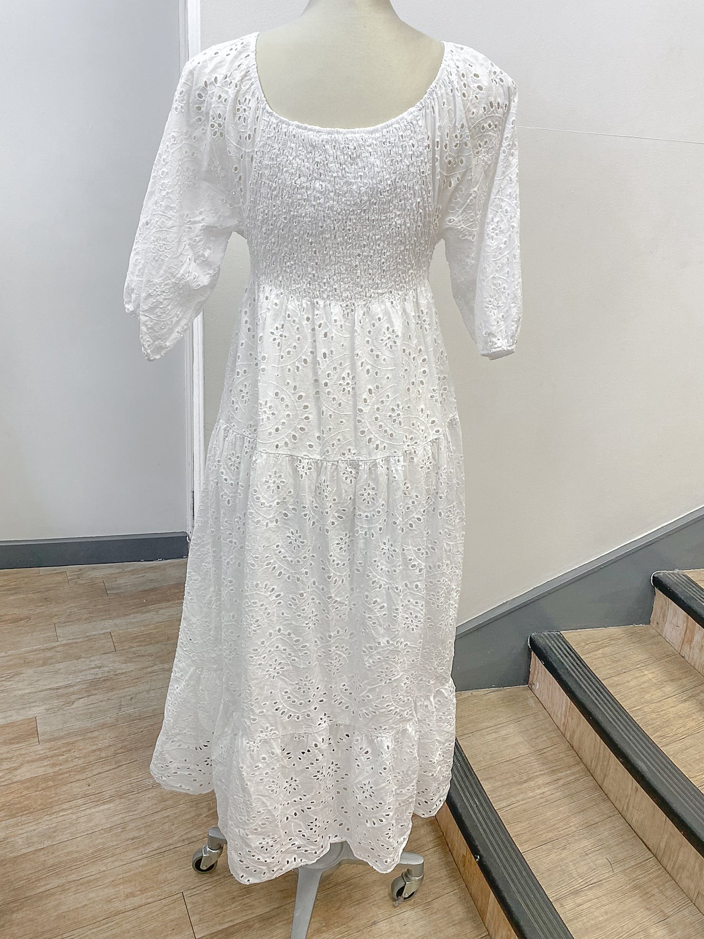 100% Cotton Shirred Broderie Maxi Dress