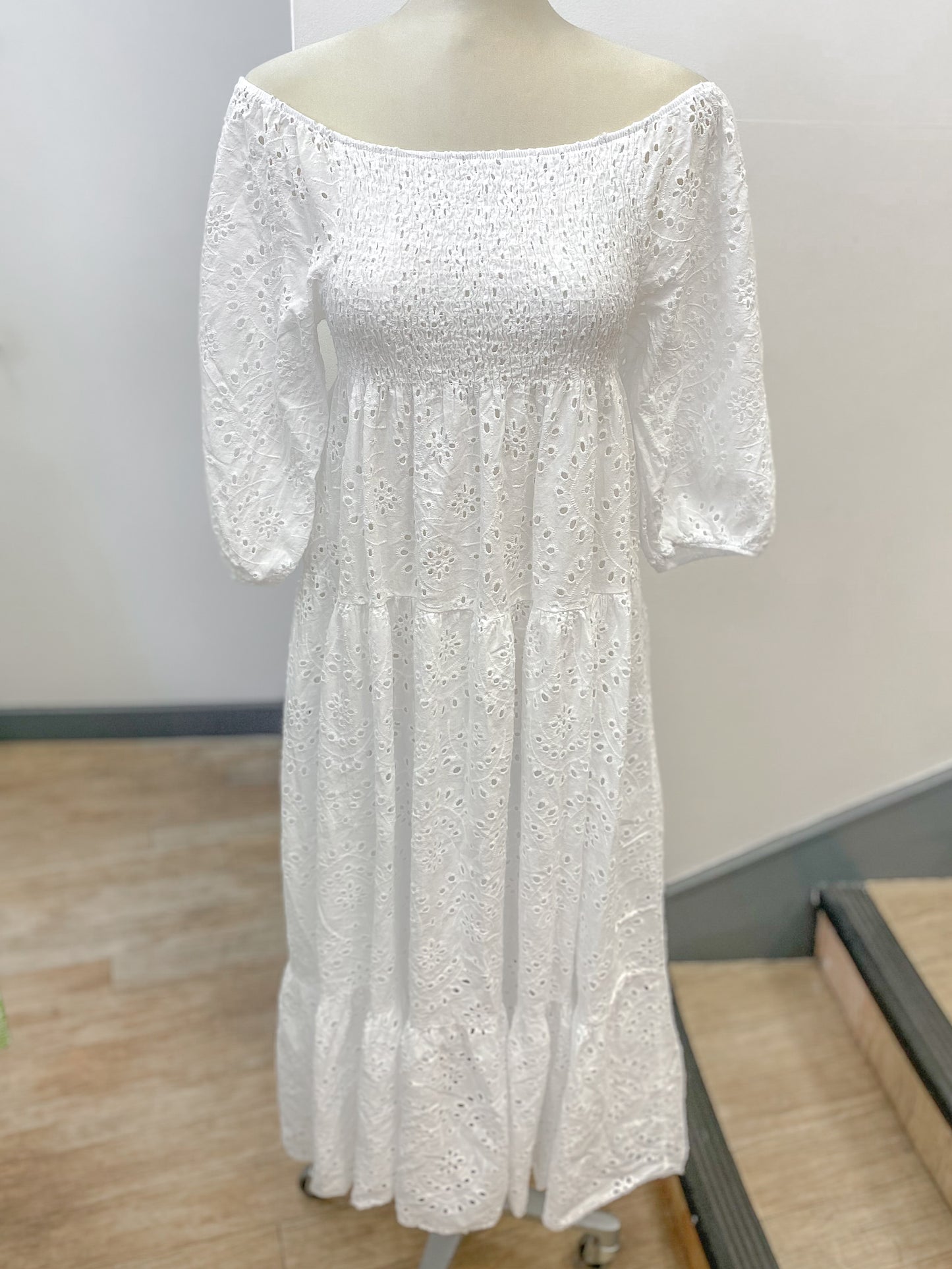 100% Cotton Shirred Broderie Maxi Dress
