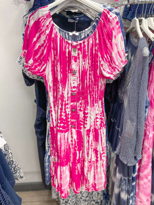 Tie Dye Shirred Waist Dress
