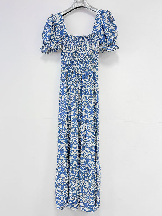 Damask Print Puff Sleeve Dress