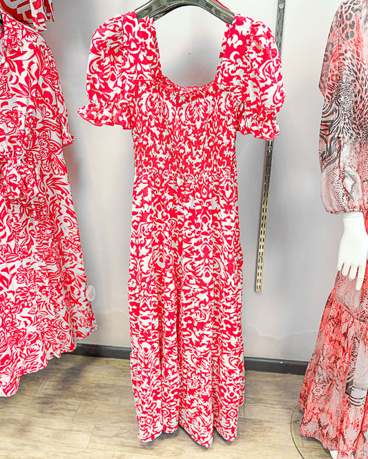 Damask Print Puff Sleeve Dress