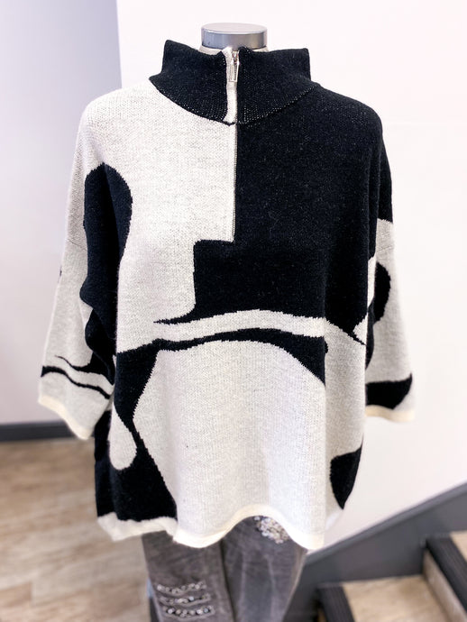 1/4 Zip Monochrome Abstract Print Oversized Jumper