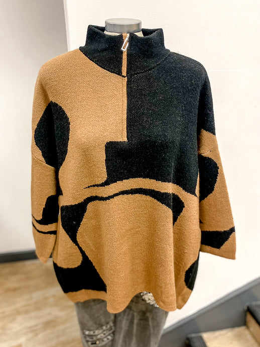 1/4 Zip Monochrome Abstract Print Oversized Jumper