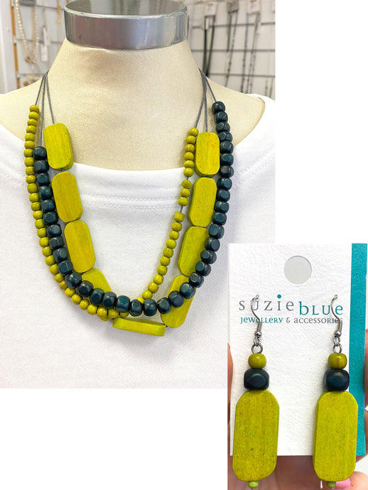 Suzie Blue Wooden Beaded Necklace & Earrings