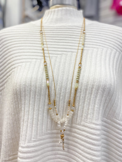 Envy Long Gold & White Beaded Necklace