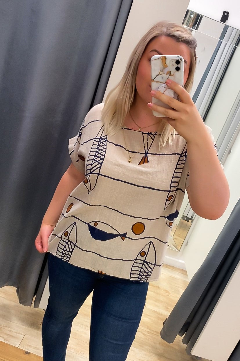Fish Print Cotton T-Shirt