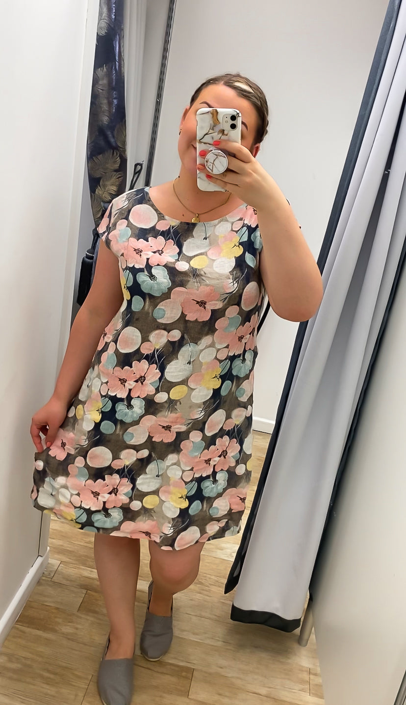 Floral Print Cap Sleeve Shift Linen Dress - CMD Womenswear - 